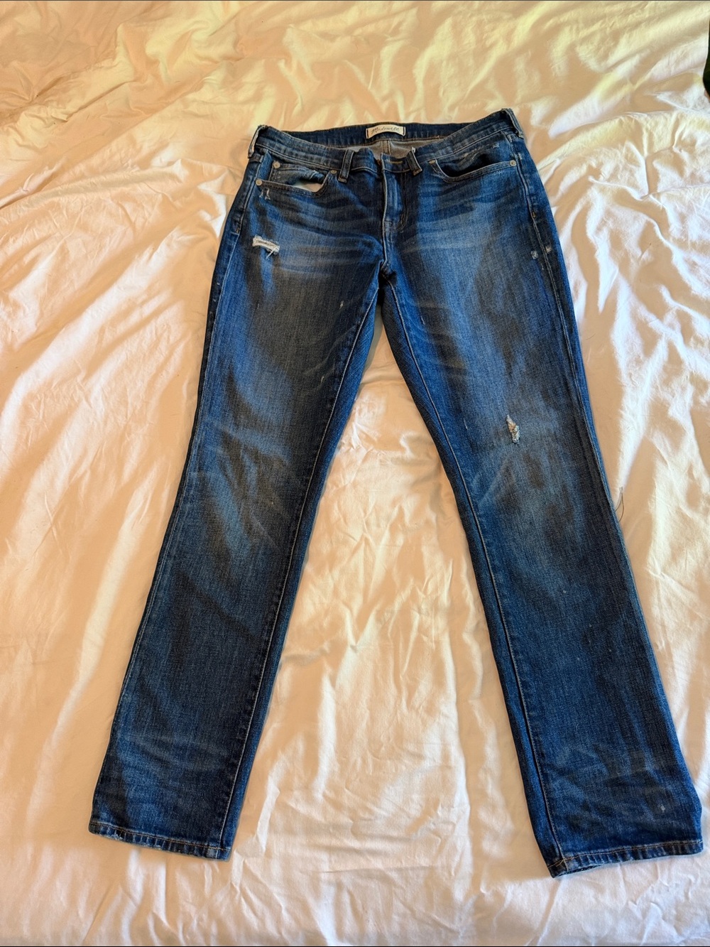 Madewell Dark Blue Straight Leg Jeans with Distress